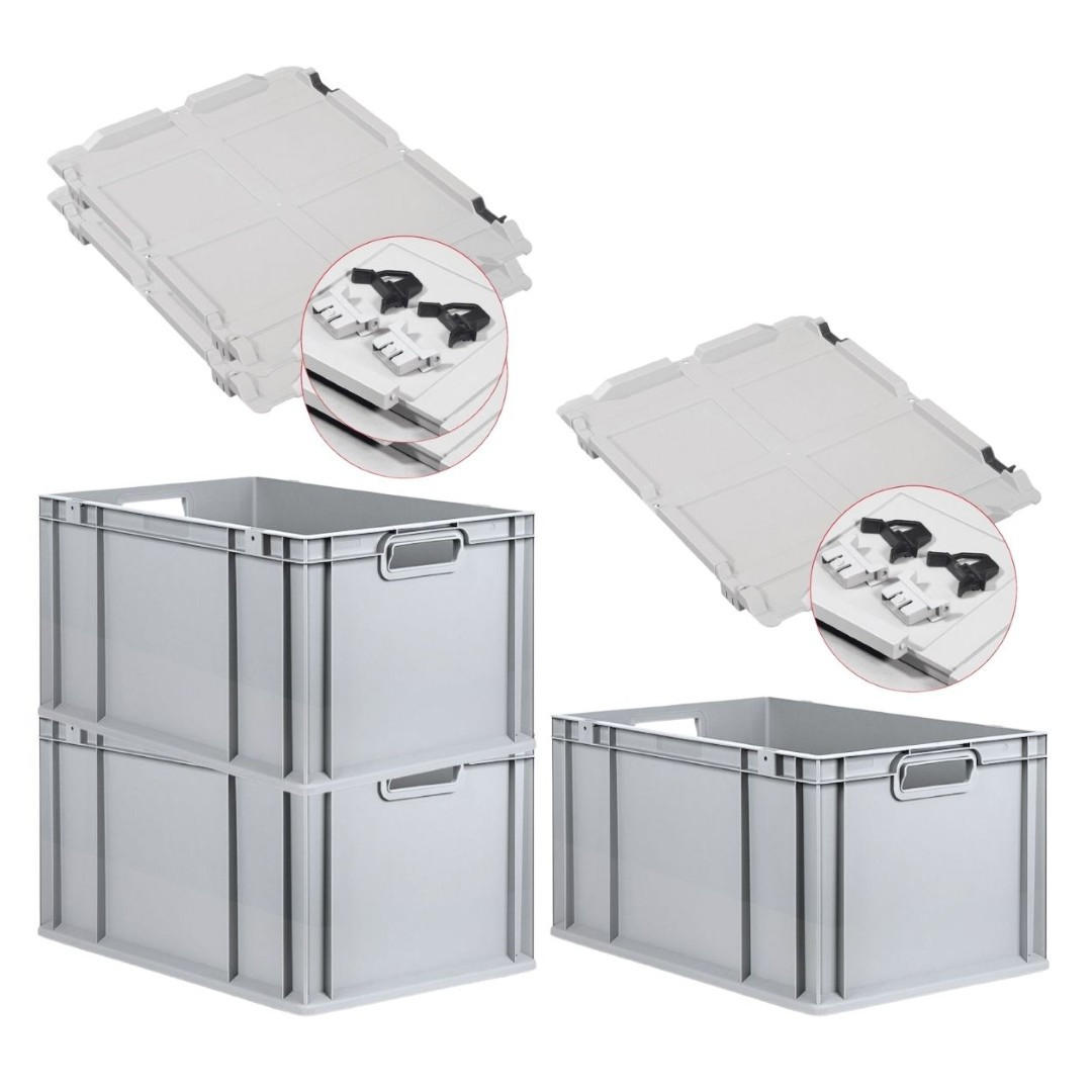 EUROBOX 3x Nextgen Economy Mit Scharnierdeckel Grau/Schwarz Griffe Offen 65 Liter - Schwarz, Kunststoff (40/32/60cm) - PROREGAL