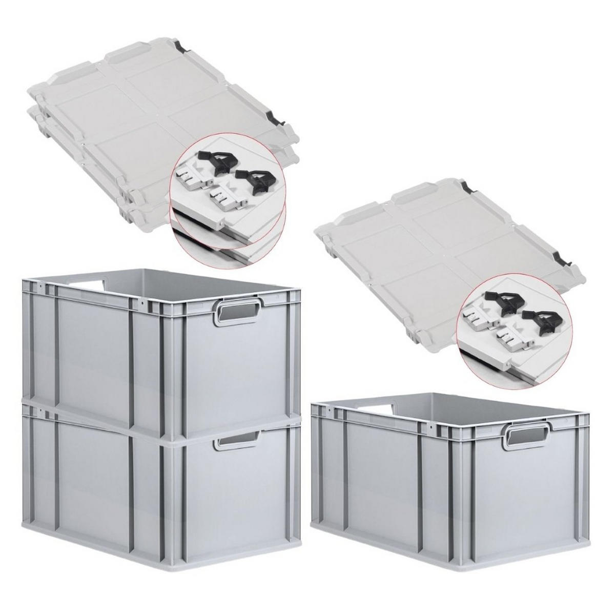 EUROBOX 3x Nextgen Economy Mit Scharnierdeckel Grau/Schwarz Griffe Offen 65 Liter - Schwarz, Kunststoff (40/32/60cm) - PROREGAL