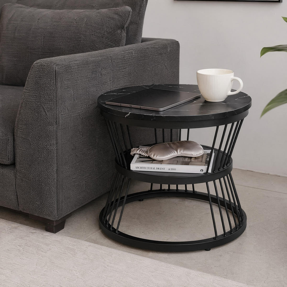 COUCHTISCH Set 2-teilig Rund Schwarz Weiß Marmoroptik mit Ablage - Schwarz, Holzwerkstoff (70/2/45.5cm) - SHOPENTRA