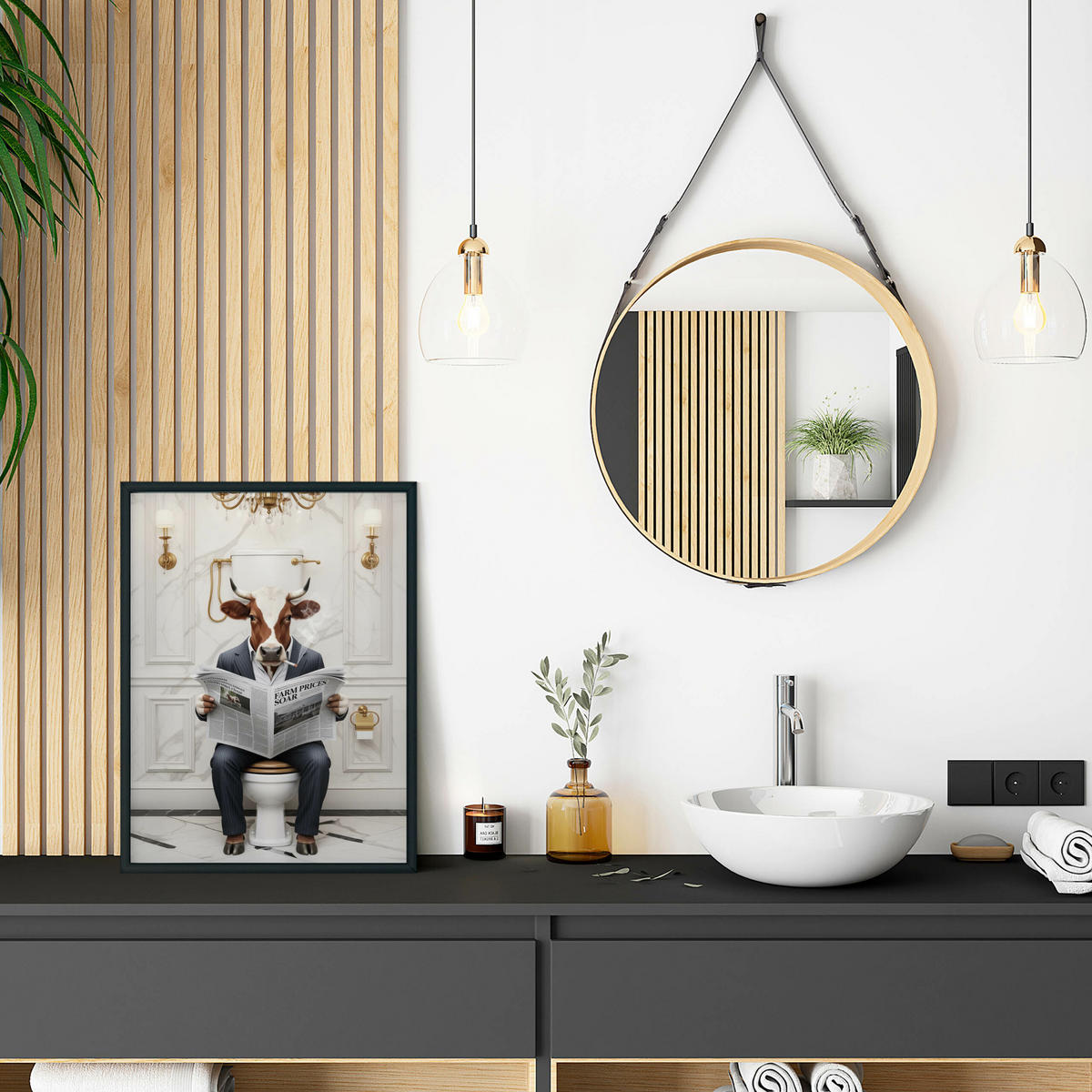 POSTER für WC Badezimmer KUH Bulle mit Zeitung auf Toilette Abstraktion 50x70cm - Gelb/Schwarz, Papier (50/70/70cm) - Muralo