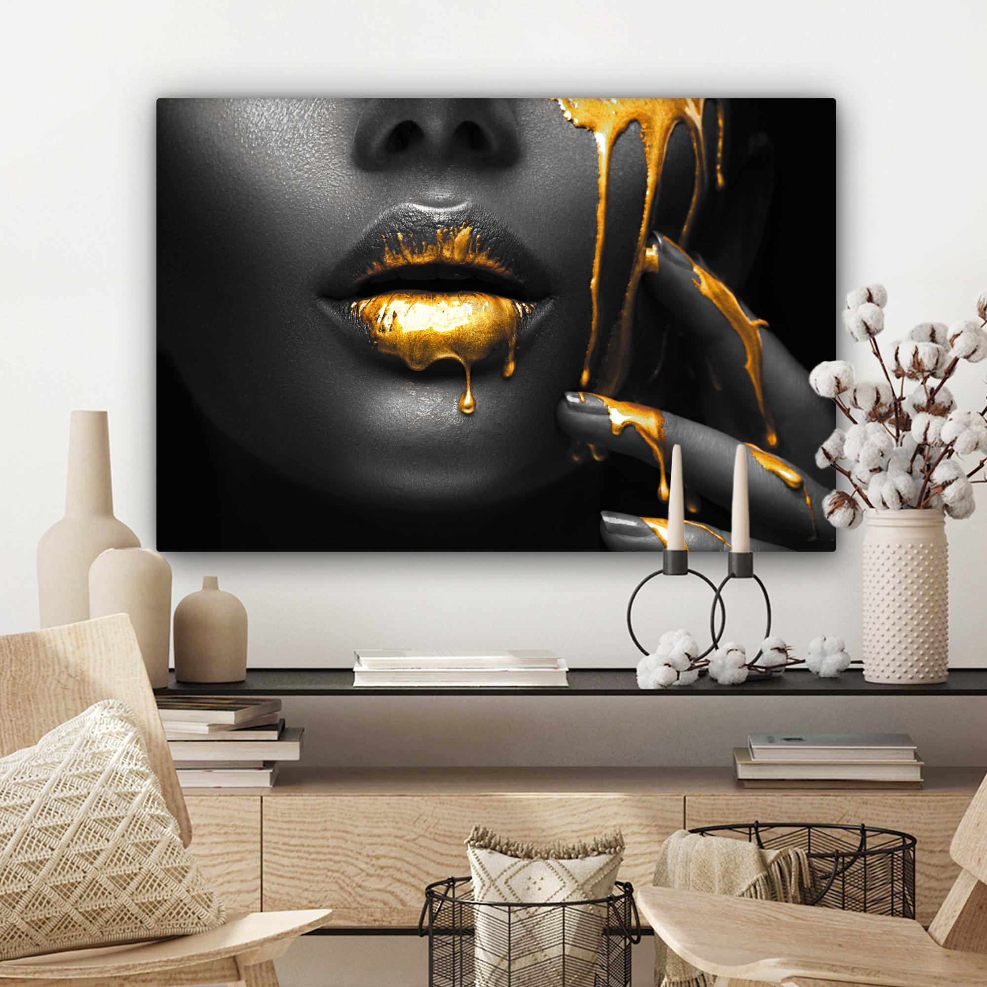 LEINWANDBILD Frau - Schwarz - Gold - Gesicht - Lippen Gemälde 60x40 cm - Goldfarben, Textil (60/40cm) - MuchoWow