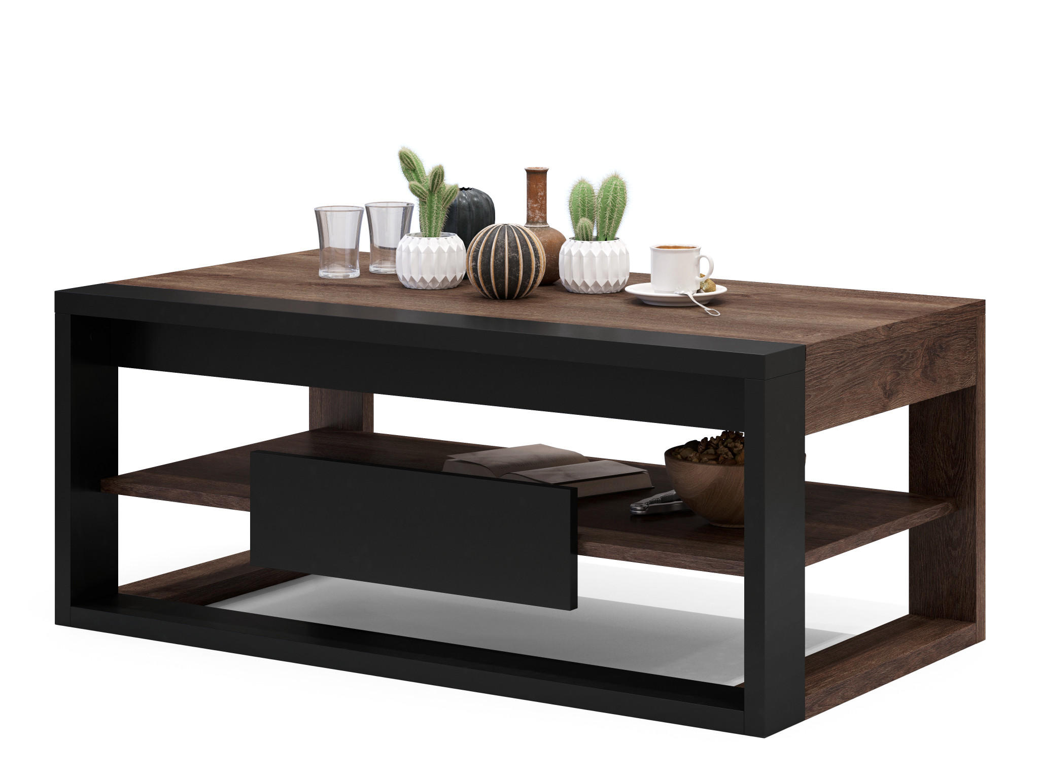 COUCHTISCH rechteckig Eiche dunkel Schwarz aufklappbar - Schwarz/Braun, Holzwerkstoff (60/110/45cm) - designimpex