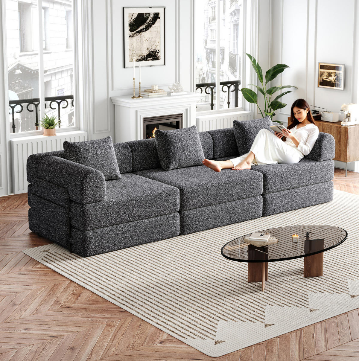 SCHLAFSOFA 2-in-1 Chenille Grey - Grau, Kunststoff (91.4/69.8/274cm) - Meubliv