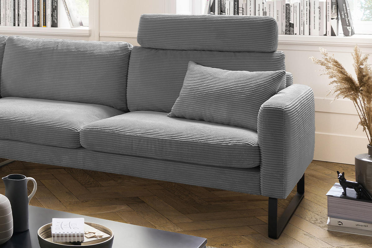 ECKSOFA RICARDA Grau Cord - Schwarz/Grau, Textil/Metall (298/154cm) - KAWOLA