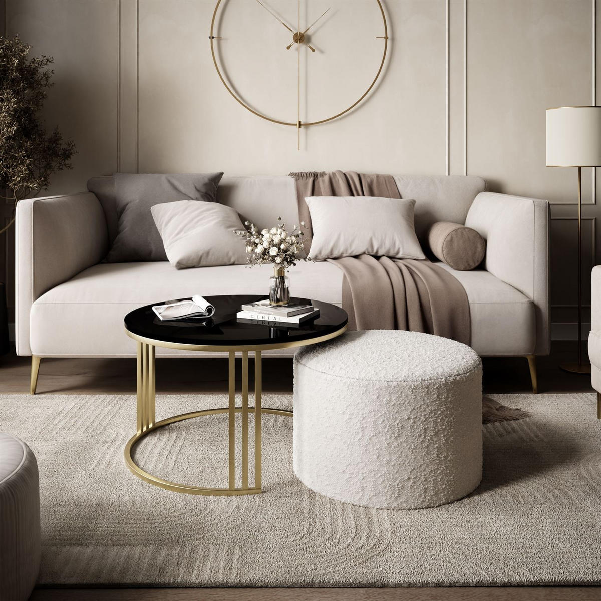 COUCHTISCH mit Hocker LORI Hochglanz gebürstetes Gold/Schwarz glänzend/Coral 65 - Schwarz, Metall (70/70/49cm) - Lookway