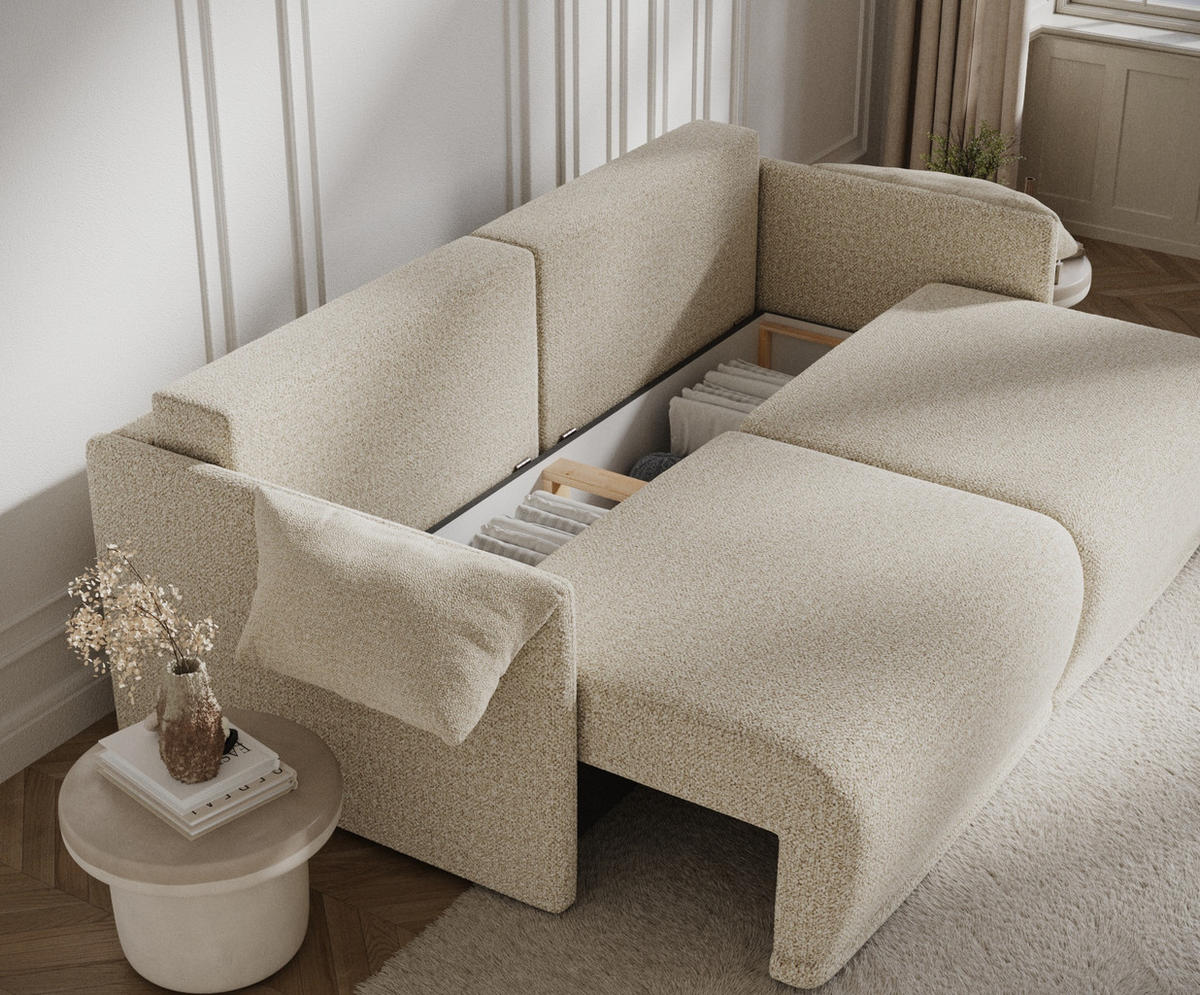 SCHLAFSOFA MIT ECKSOFA-FUNKTION Nappa Beige Plüschstoff - Beige/Schwarz, Holz/Holzwerkstoff (215/100/112cm) - Maison de Reve