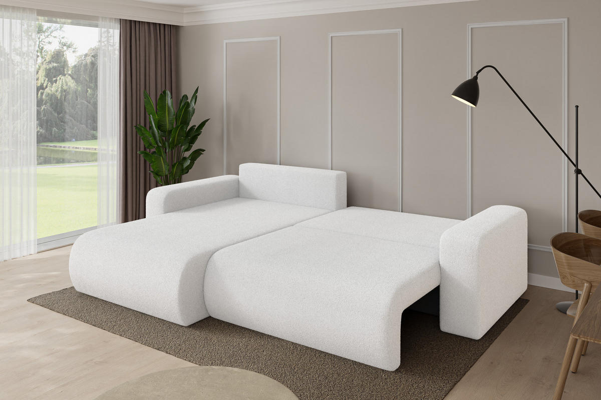 ROHOVÁ SEDAČKA s funkcí spaní, otoman vlevo BERY-L 276x193x88 bílá bouclé - bílá/černá, kompozitní dřevo/textil (276/193cm) - ALTDECOR