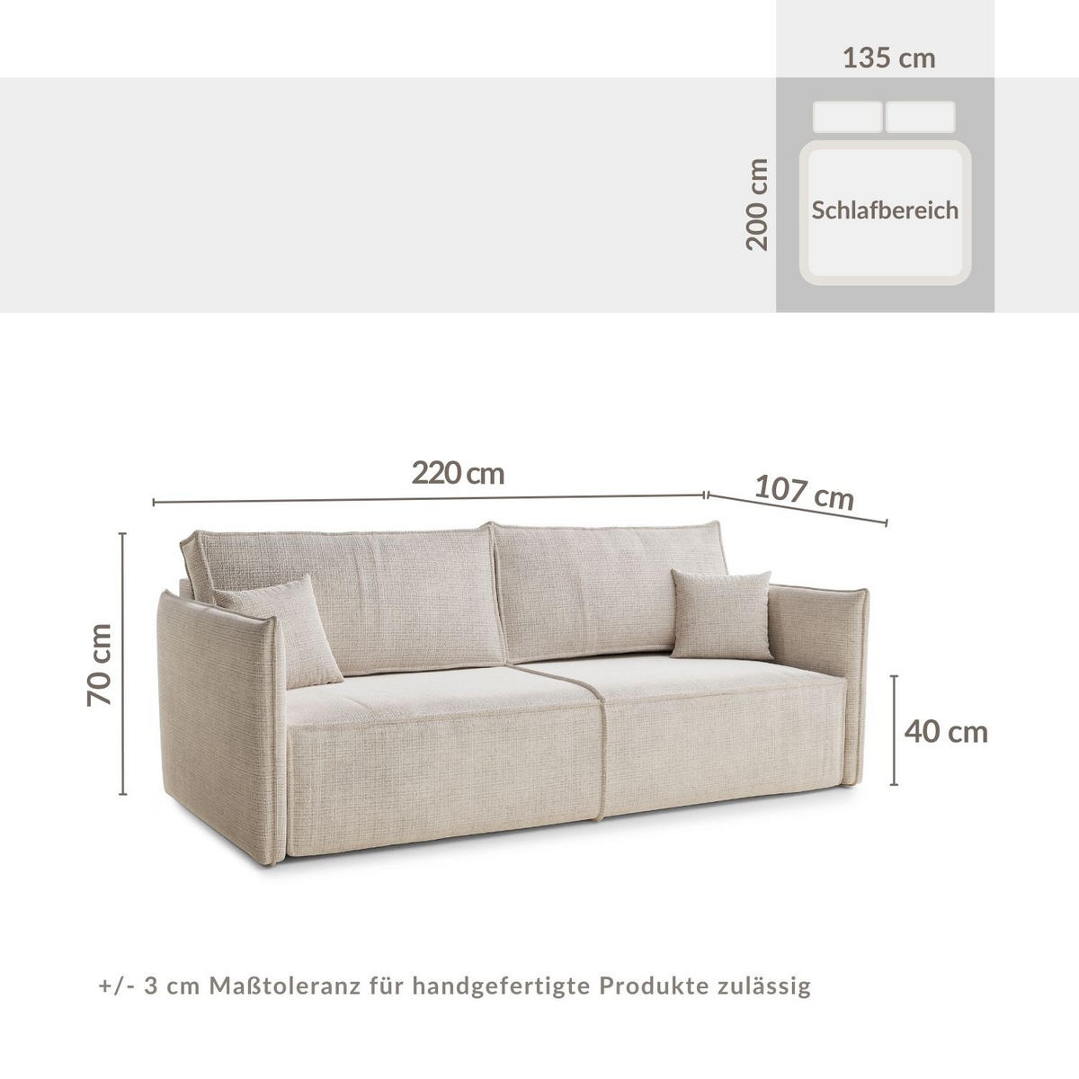 SOFA MIT SCHLAFFUNKTION Obra Hellbraun Chenille-Stoff - Hellbraun/Schwarz, Holz/Holzwerkstoff (220/70/107cm) - Maison de Reve
