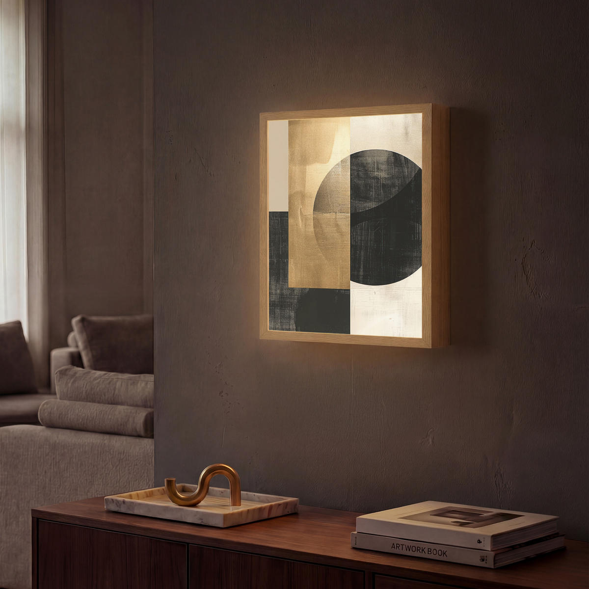 NÁSTĚNNÁ LAMPA S AKUMULÁTOREM Abstraktní - Moderní - Černá - Zlatá 30x40 cm - písková barva, kompozitní dřevo (30/40/8cm) - OnlyWow