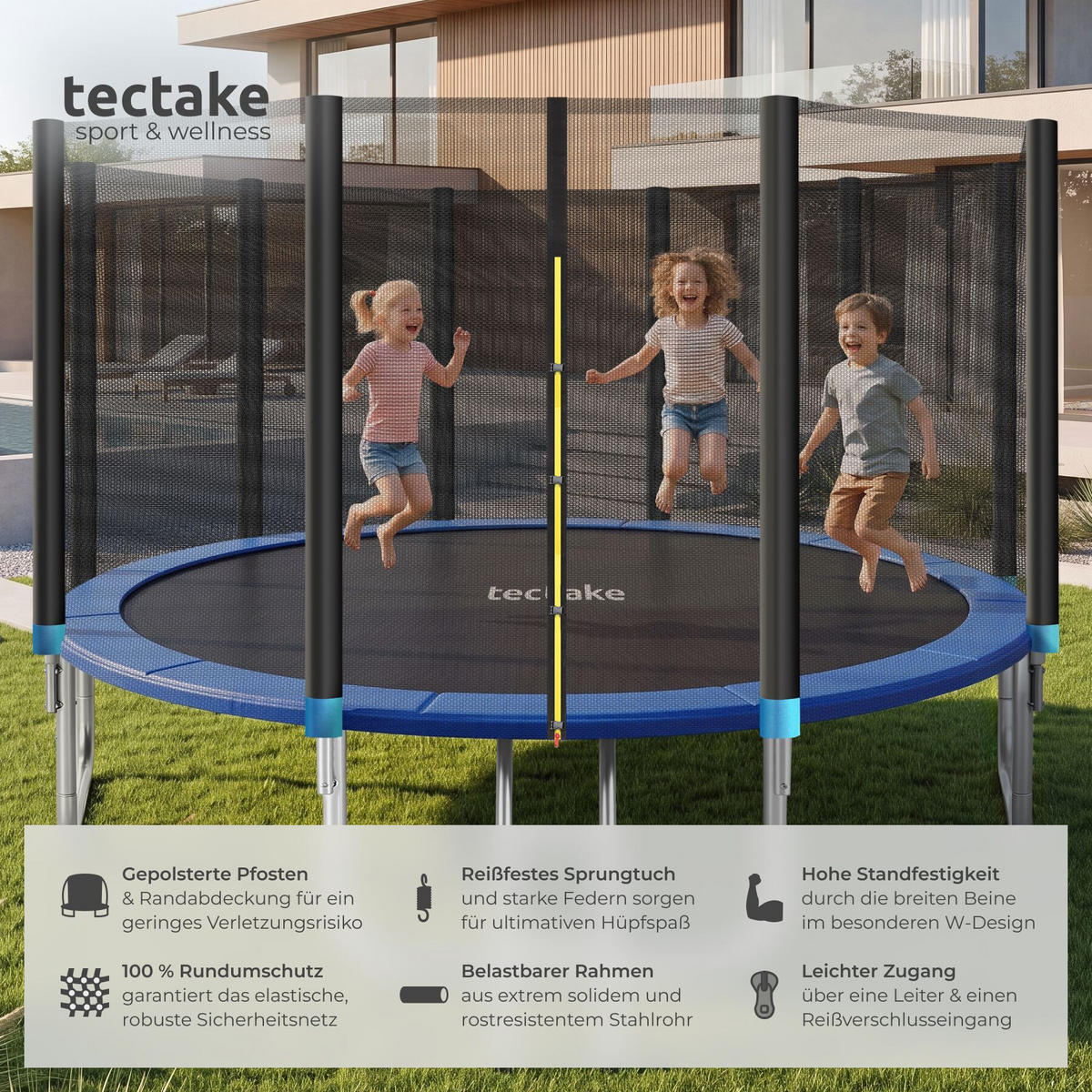 TRAMPOLIN Garfunky, inklusive Einstiegsleiter, schwarz/blau - Blau/Schwarz, Metall (457/269/457cm) - tectake