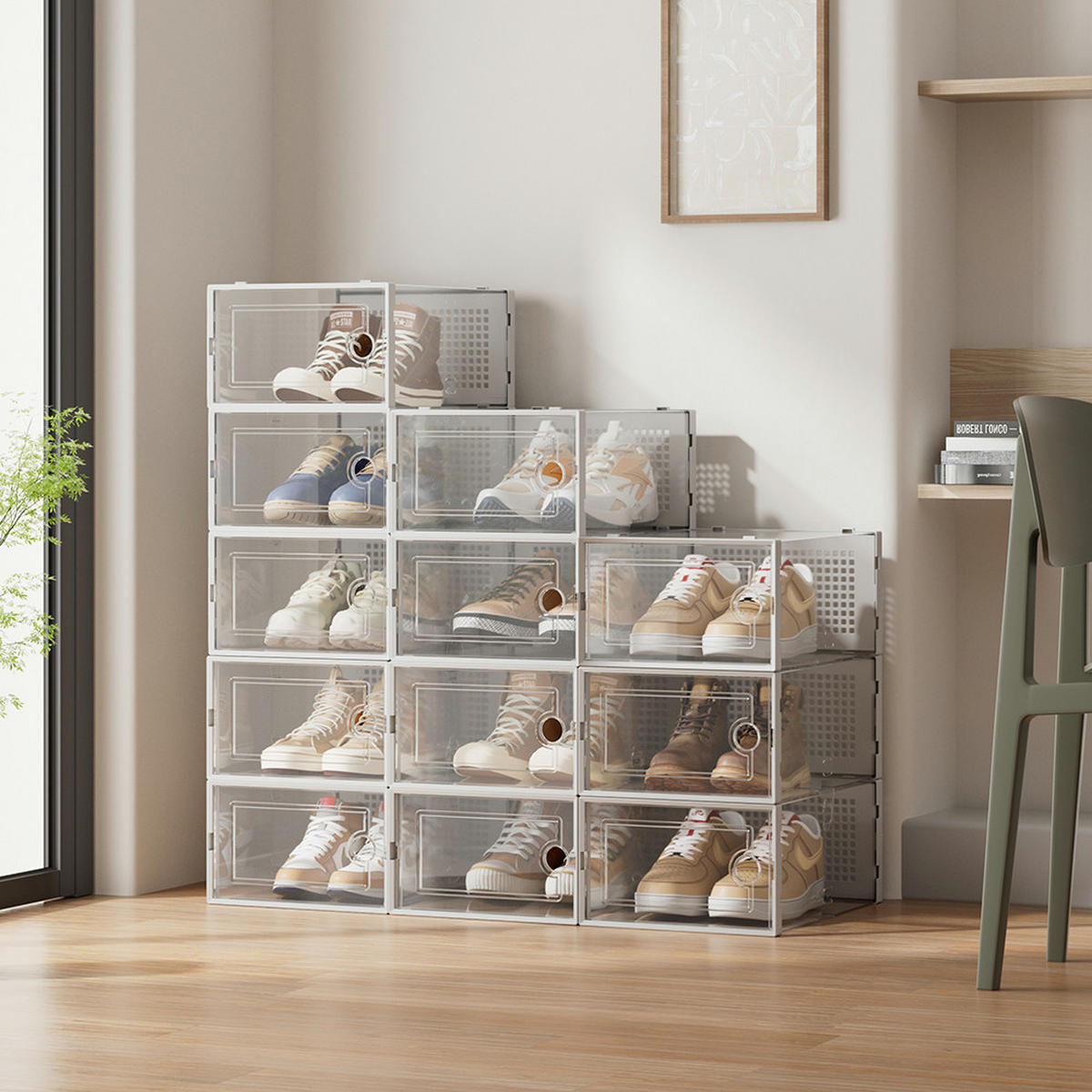 SCHUHBOXEN Kunststoff Weiß 12er-set 33x23x14cm- Einfacher doppelrahmen klappbarer mehrschichtiger Aufbewahrungsständer - Weiß, Kunststoff (23/14/33cm) - Livingandhome
