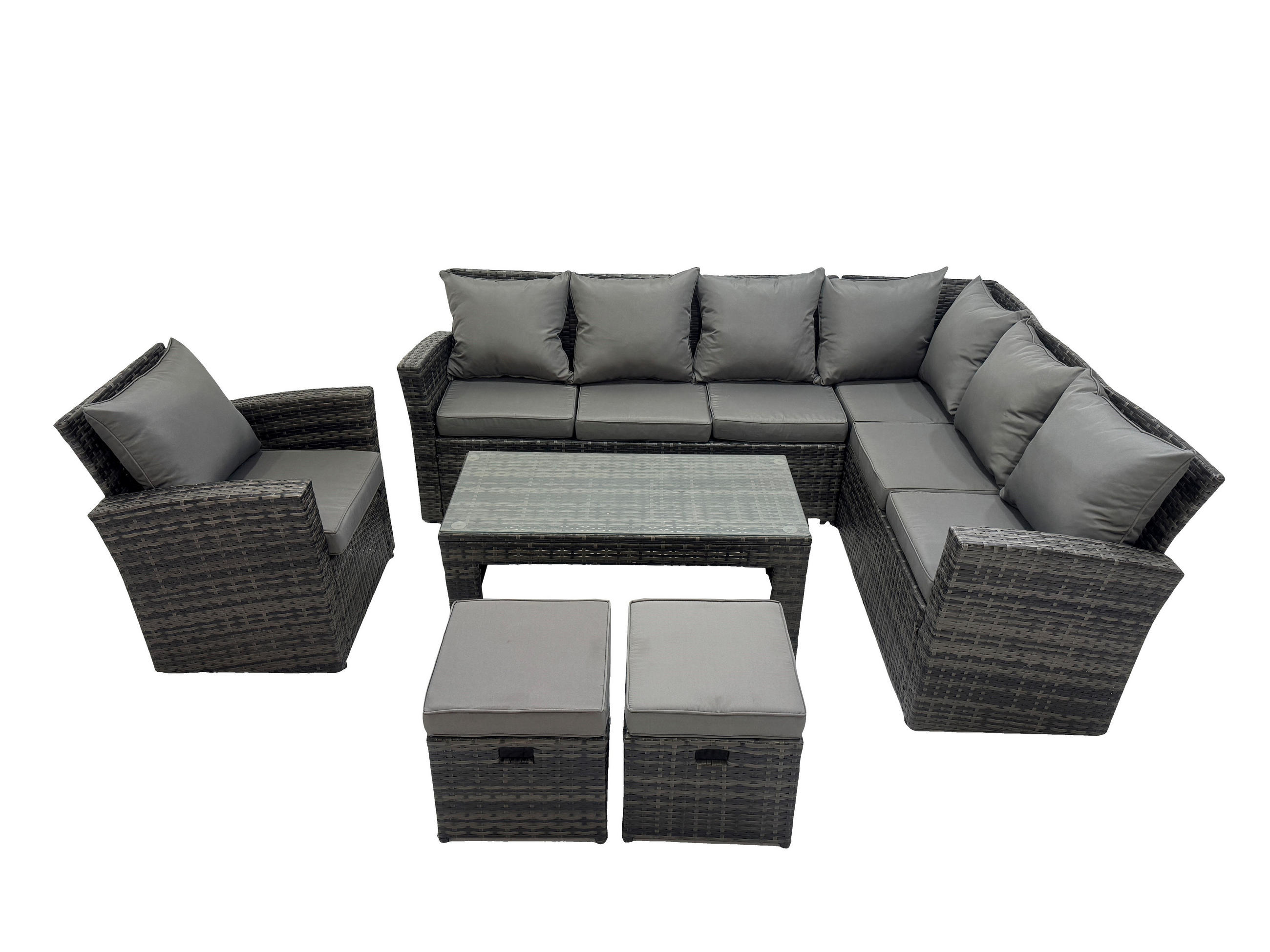 LOUNGEGARNITUR mit Couchtisch Sofa Polyrattan Dunkelgrau 9-Sitzer - Dunkelgrau/Grau, Glas/Kunststoff - Fimous