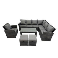 LOUNGEGARNITUR mit Couchtisch Sofa Polyrattan Dunkelgrau 9-Sitzer - Dunkelgrau/Grau, Glas/Kunststoff - Fimous