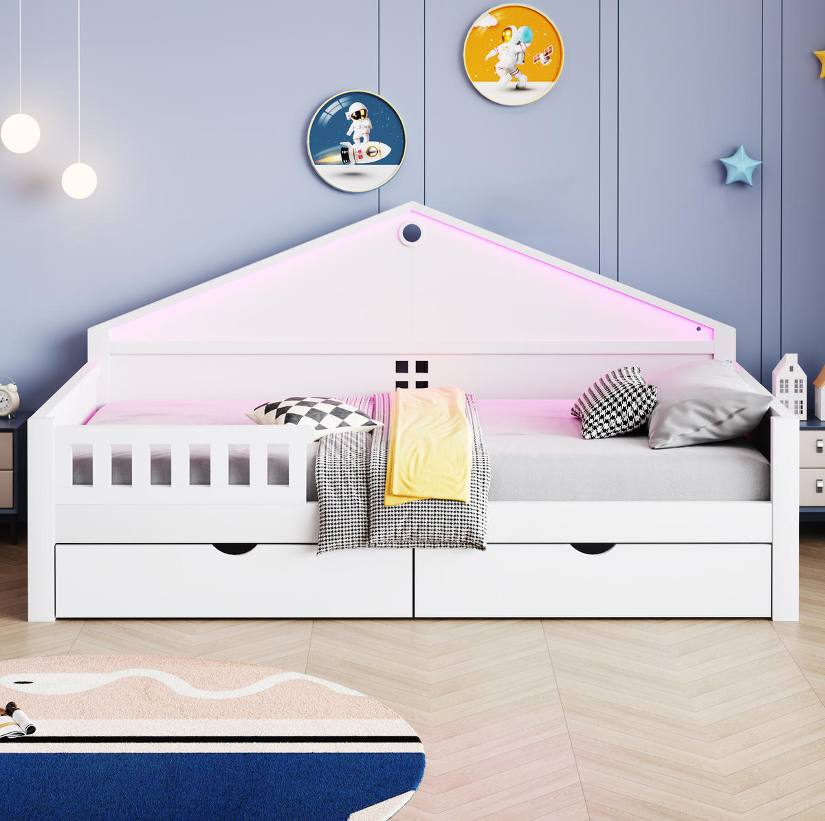 KINDEREINZELBETTEN aus Holz und MDF 90x200 cm in Weiß mit LED & 2 Schubladen - Weiß, Holz (90/200cm) - Modfu