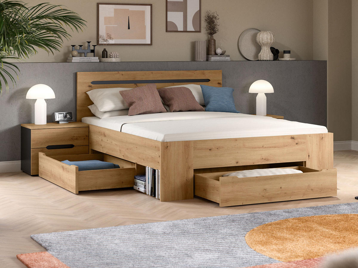 SCHLAFZIMMER Set 3-teilig Eiche Artisan, grau, Kombination mit Bett 140 x 200 cm und 2x Nachttisch - Eiche Artisan/Grau, Holzwerkstoff/Metall - Inn.Furn