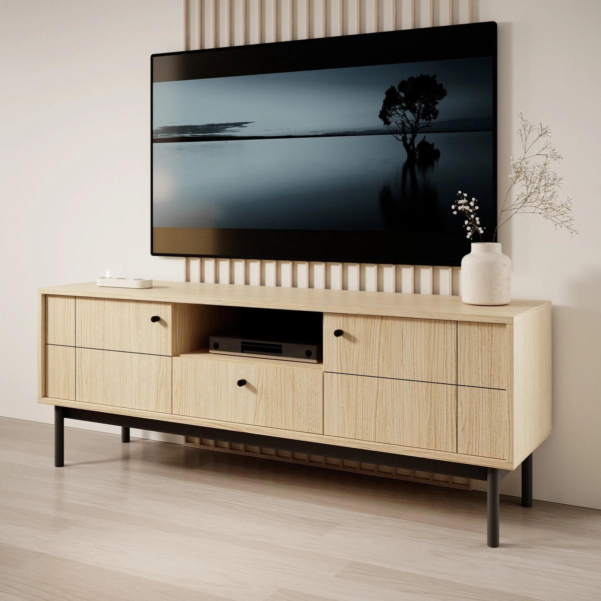TV-BOARD SORA RTV2D1SZ (Eiche Linea, Gefräste Front, Haefele Soft-Close, Holzfüße) - Eichefarben/Schwarz, Holz/Holzwerkstoff (154/56/39cm) - Ravio
