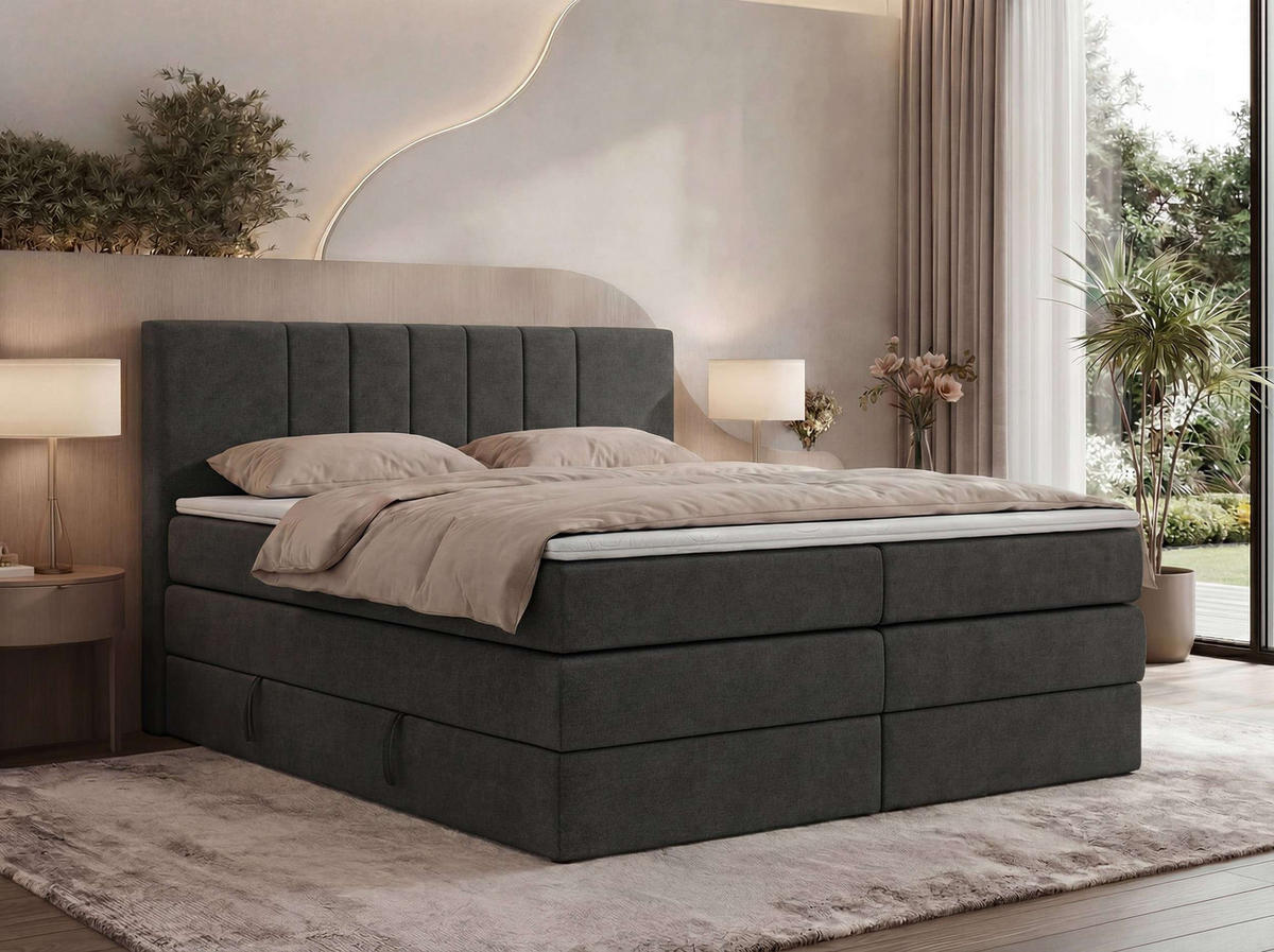 BOXSPRINGBETT INERO KING 180/200 - Dunkelgrau Stukture - Topper Visco - H3 - Dunkelgrau/Schwarz, Kunststoff/Textil (180/200cm) - MKS