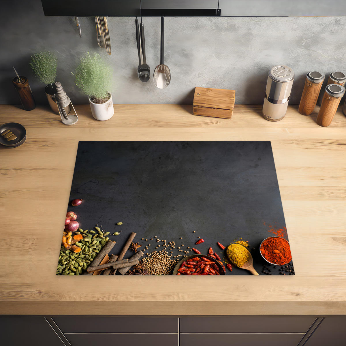 HERABDECKPLATTE - Kräuter - Lebensmittel - Gewürze - Schwarz - Paprika - Zimt - 65x55 - Currygelb, Kunststoff (65/55/0.2cm) - MuchoWow