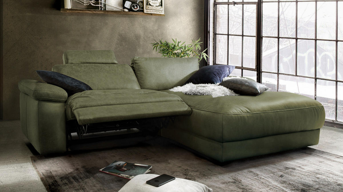 ECKSOFA MOTORISCH. RELAXFUNKTION LOLA Dunkelgrün Webstoff - Dunkelgrün/Schwarz, Textil (233/178cm) - KAWOLA