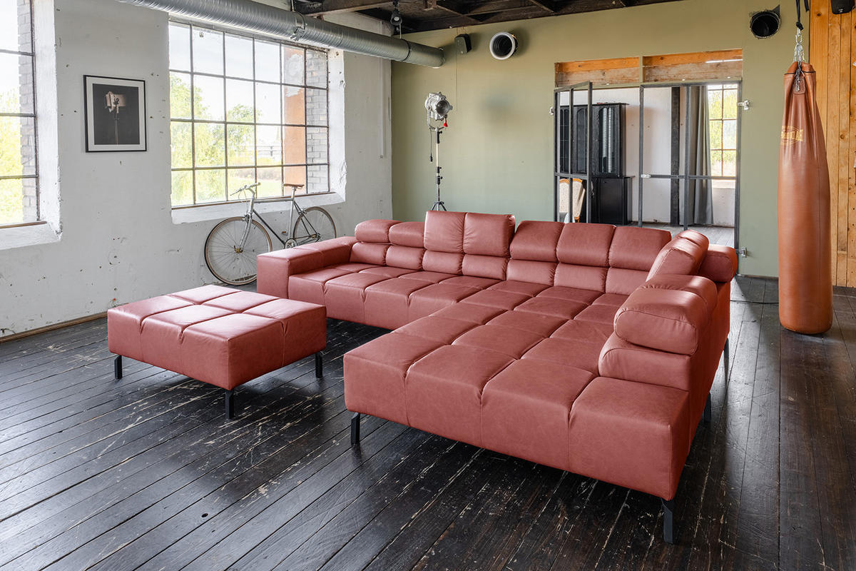 ECKSOFA NELSON Rot Leder Relaxfunktion - Rot/Schwarz, Leder/Metall (321/216cm) - KAWOLA