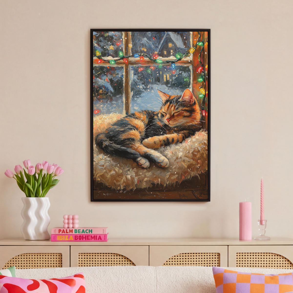 LEINWAND Bilder mit Rahmen - Katze - Weihnachten - Winter - Tier - 60x90 - Bernsteinfarben, Textil (60/90cm) - MuchoWow