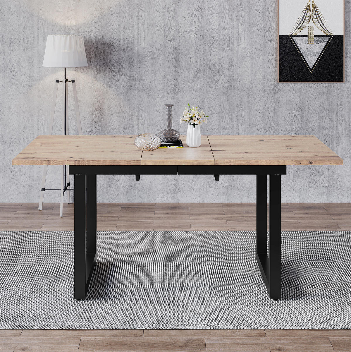 ESSTISCH aus MDF 140/180x80x75 cm Schwarz/Natur ausziehbar im Industriestil mit stabilem Metallgestell - Eichefarben, Holzwerkstoff (180/80/75cm) - Modfu