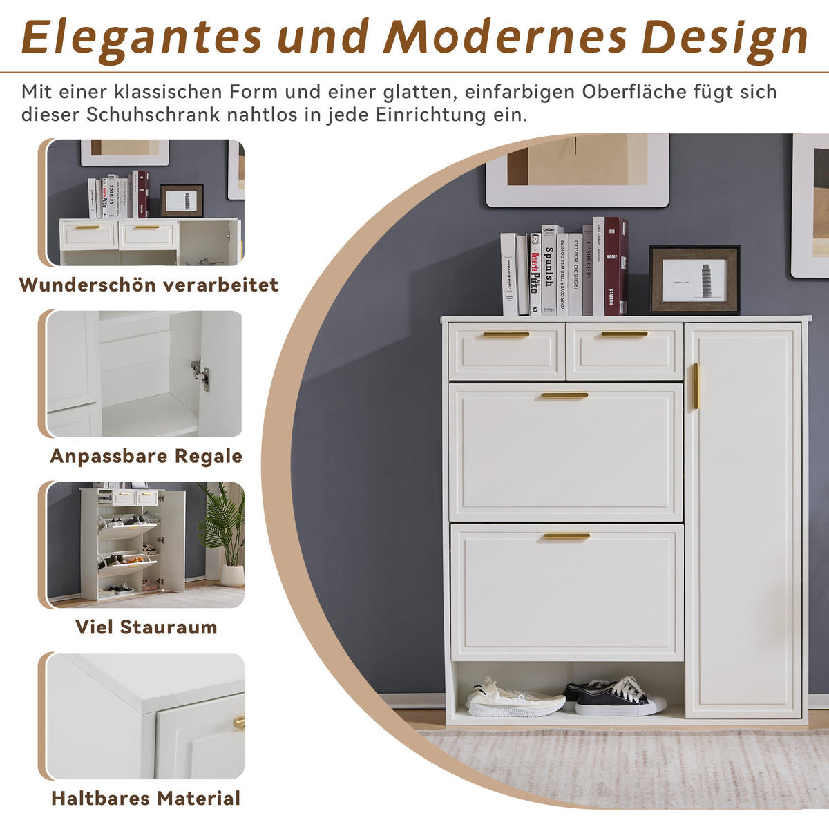 SCHUHSCHRANK in Weiß Schuhkommode mit verstellbaren Regalen goldenen Griffen Schubladen Klapptüren , B95/T24/H107cm - Weiß, Holzwerkstoff (95/107/24cm) - STILVORA