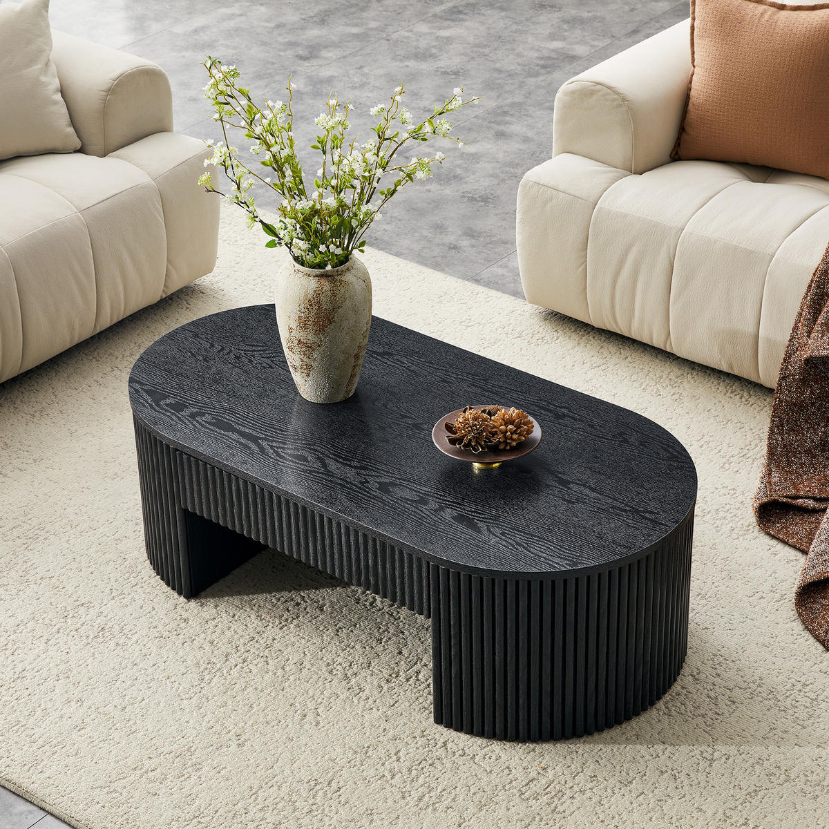 COUCHTISCH DE-37394 oval mit Rillenverkleidung und Schublade Schwarz - Schwarz, Holzwerkstoff (105/54/38cm) - ComfortXL