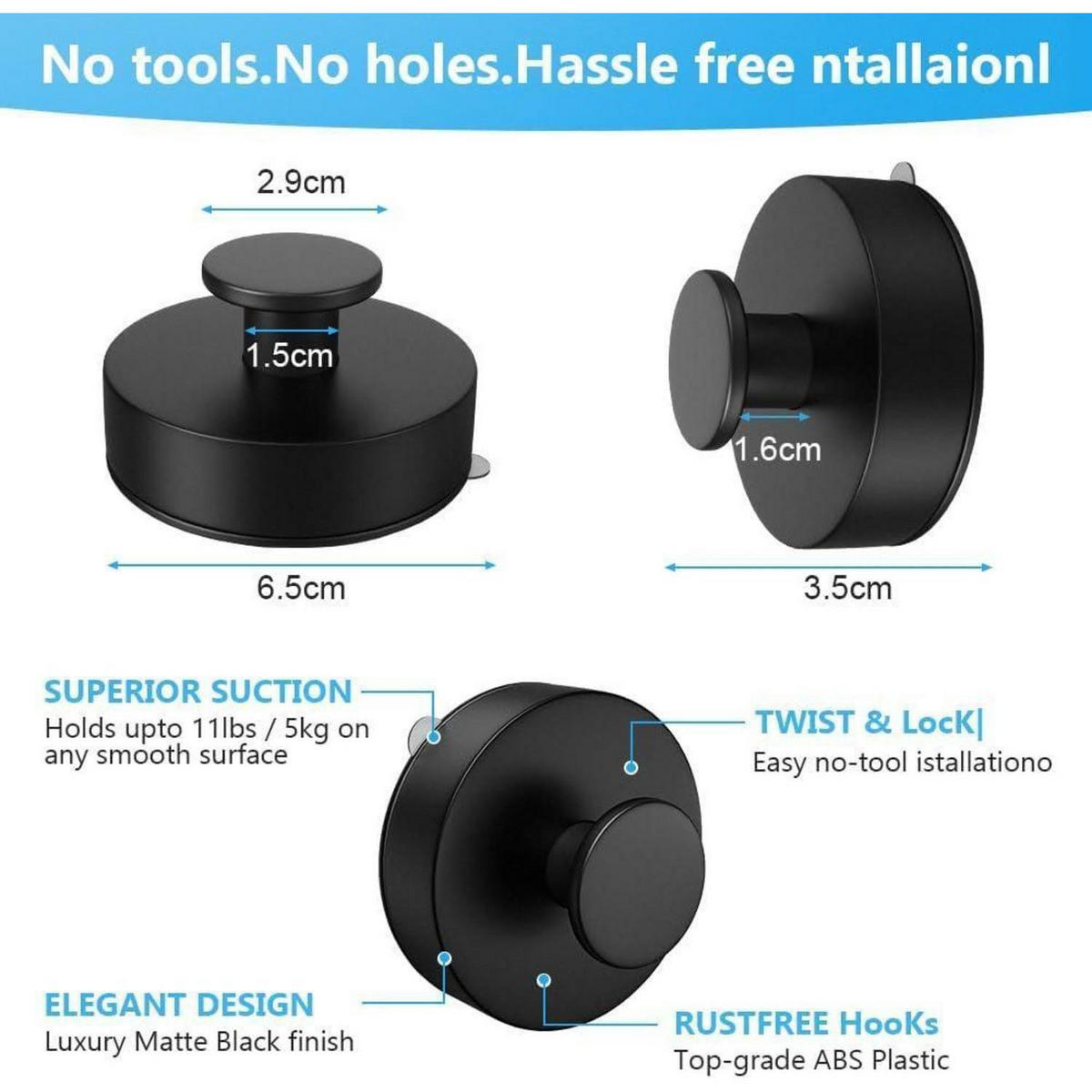 WANDHAKEN 4 Stück Set Schwarz Ohne Bohren - Schwarz, Kunststoff (3.5/2.9/6.5cm)