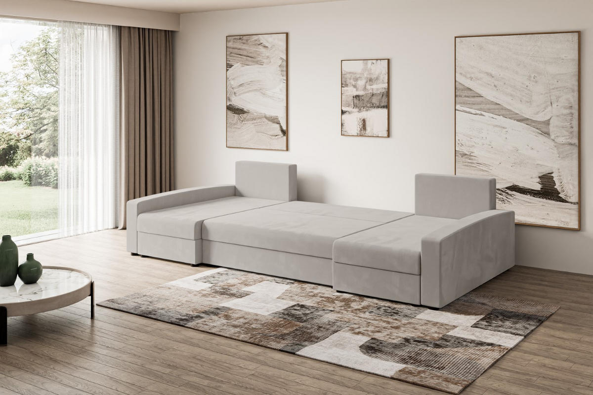 WOHNLANDSCHAFT mit Schlaffunktion und Bettkasten ALESIA-U 301x140x90 cm Hellbraun Velours - Hellbraun/Silberfarben, Holzwerkstoff/Kunststoff (301/90/140cm) - ALTDECOR