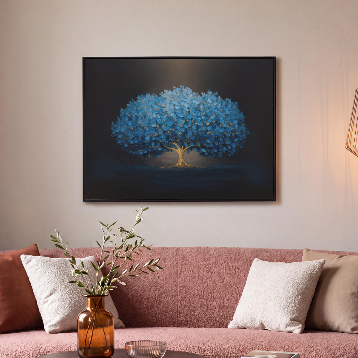 LEINWAND Bilder mit Rahmen - Baum - Blau - Blätter - Pinselstriche - 70x50 - Blau, Textil (70/50cm) - MuchoWow