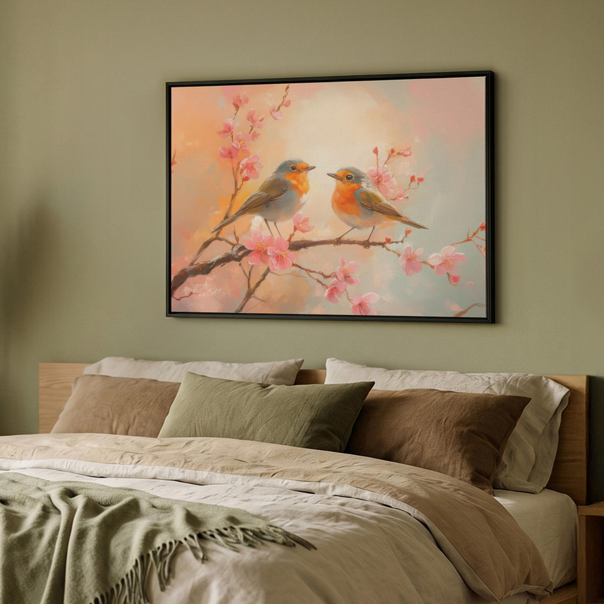 LEINWAND Bilder mit Rahmen - Rotkehlchen - Zierpflanze - Blütenzweig - 100x70 - Hellrosa, Textil (100/70cm) - MuchoWow