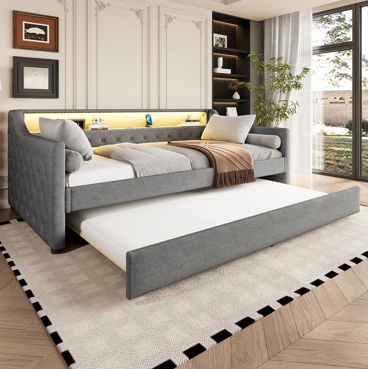DAYBETT 90/200 cm Grau mit Ausziehbett und LED-Beleuchtung aus Leinen - Grau, Textil (90/200cm) - OKWISH