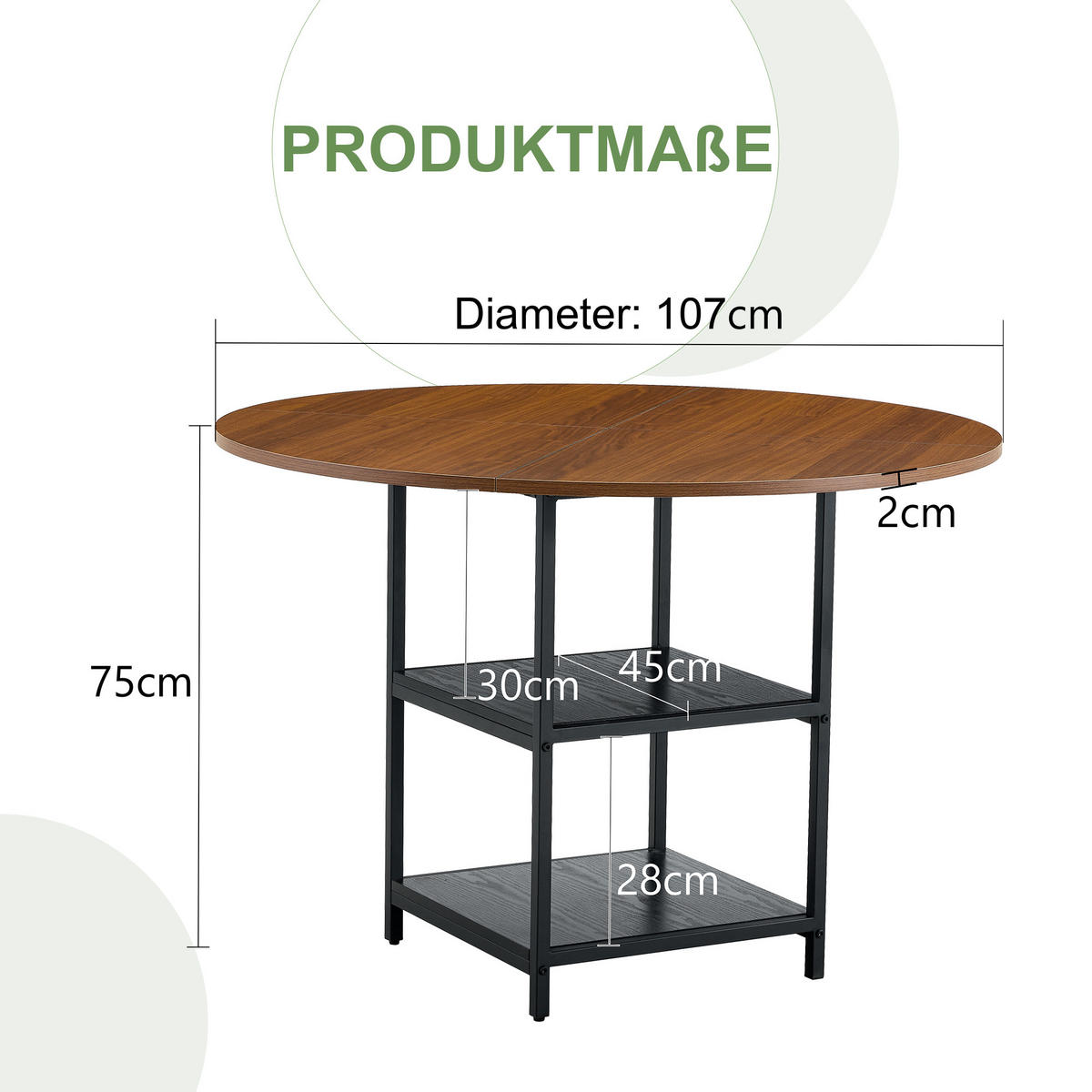 ESSTISCH 107/107/75 cm schwarz walnussfarben aus MDF und Metall mit doppelter Ablage - Schwarz, Holzwerkstoff (107/107/75cm) - OKWISH