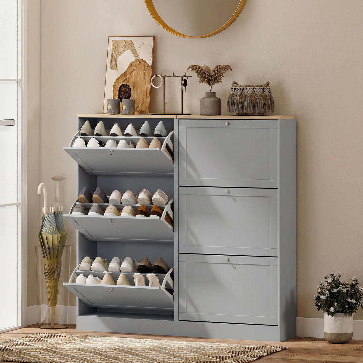SCHUHSCHRANK Grau Holzwerkstoff mit 3 Klappfächern platzsparend 1 Stück - Grau, Holzwerkstoff (60/115/23.5cm) - PANGIVO
