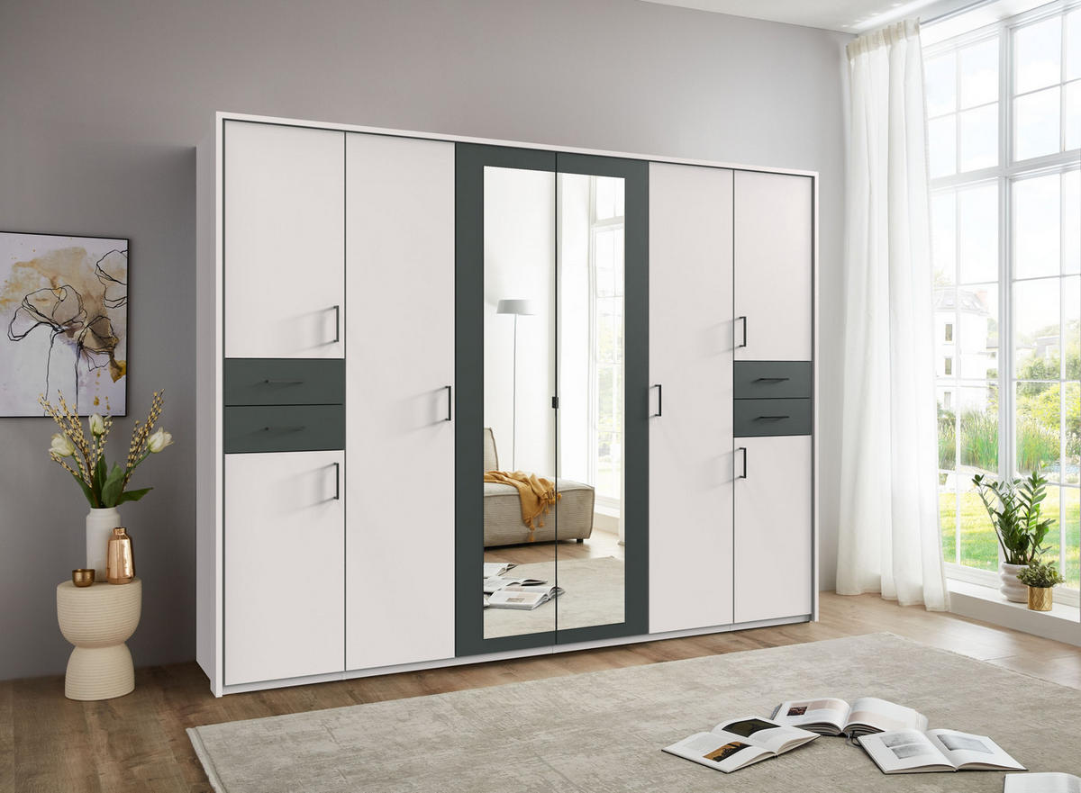 DREHTÜRENSCHRANK Kleiderschrank B273/H210/T58 cm Schubkästen & Passepartout & 2 Spiegeltüren, Weiß mit Absetzungen in Grafit, Griffe schwarz / 22578 - Schwarz/Graphitfarben, Holzwerkstoff/Kunststoff (273/210/58cm) - luma-home