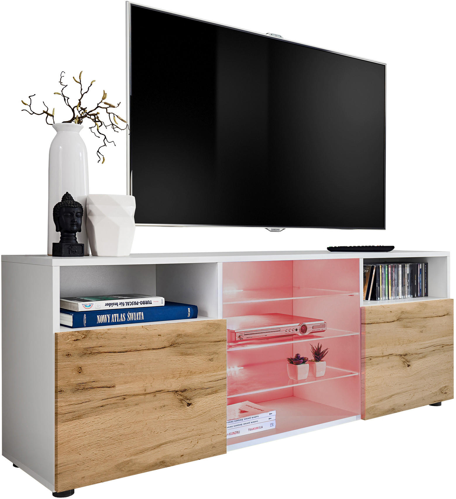 SIDEBOARD TV URBINO Weiß, LED Beleuchtung Mehrfarbige - Eiche Wotan/Weiß, Glas/Holzwerkstoff (140/53/35cm) - Komodee