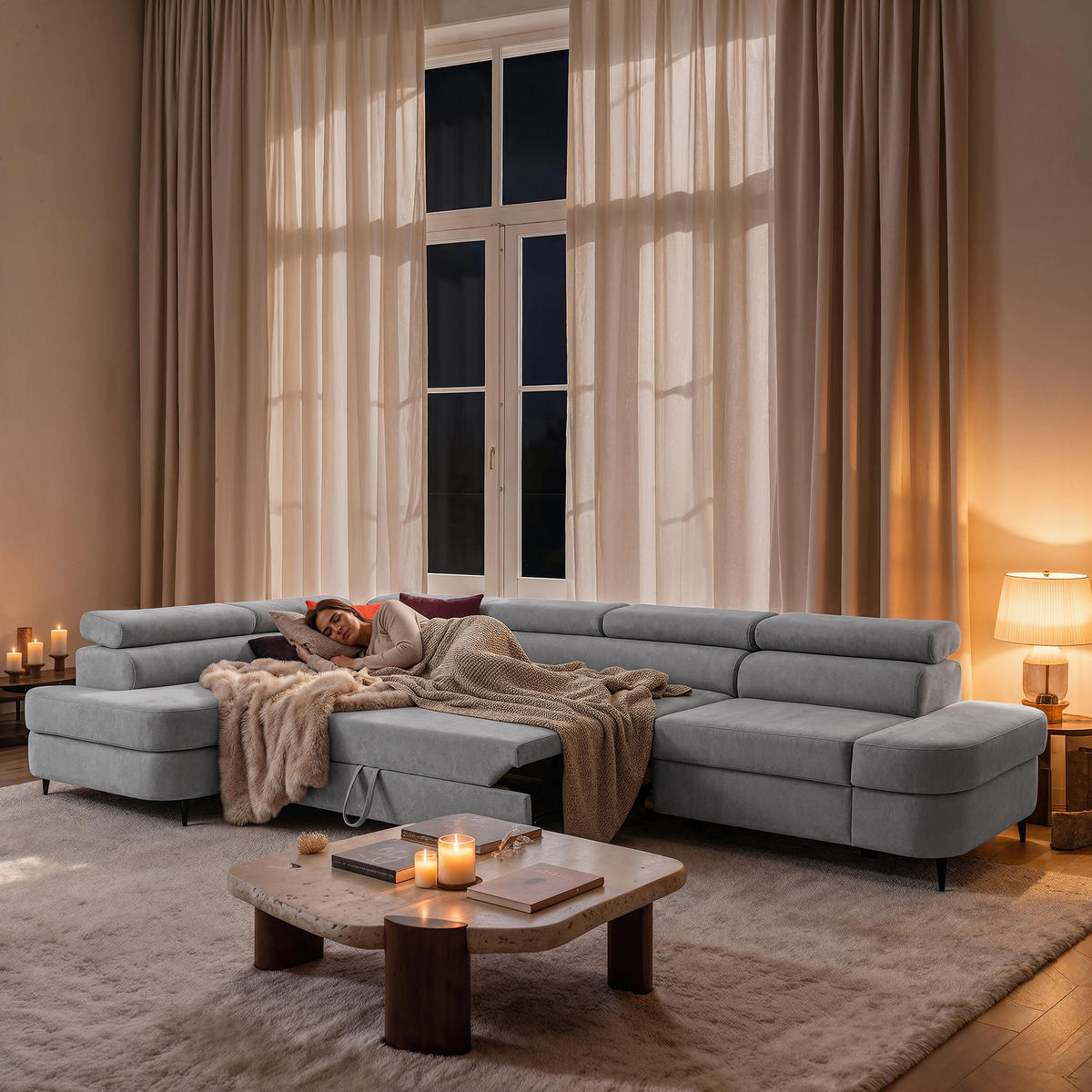 ECKSOFA PRIAM MAXI L-Form Links mit Schlaffunktion 125x195 Velours Hellgrau - Hellgrau/Schwarz, Holz/Textil (203/350cm) - Muffo
