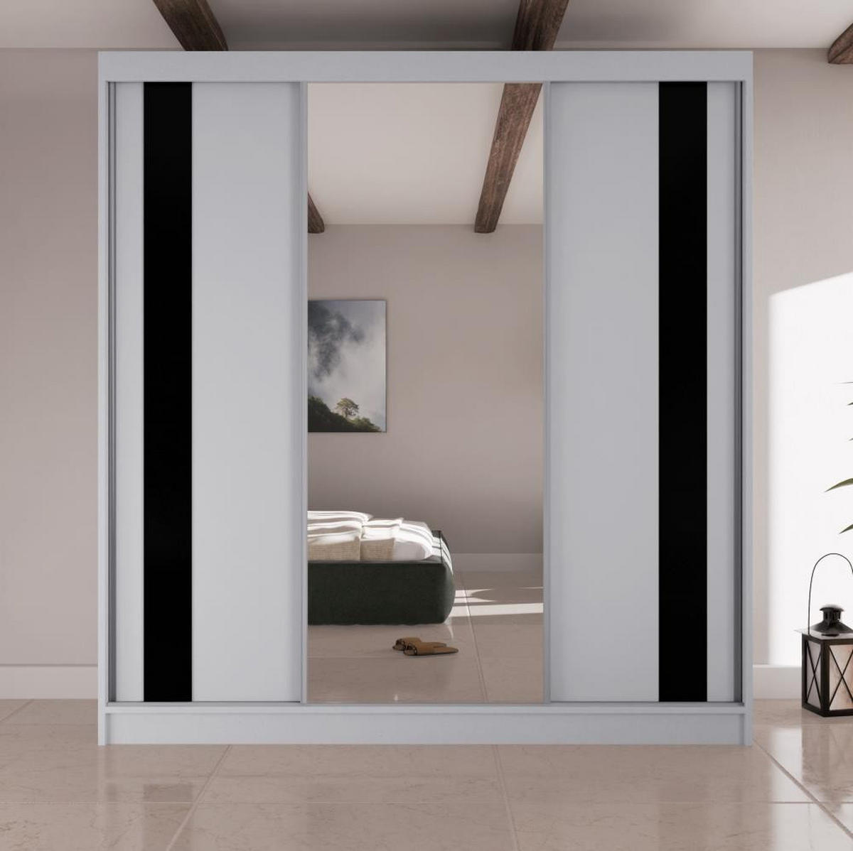 SCHWEBETÜRENSCHRANK Como II 200/61/215 weiß+schwarz - Schwarz/Weiß, Holzwerkstoff (200/215/61cm) - Beautysofa