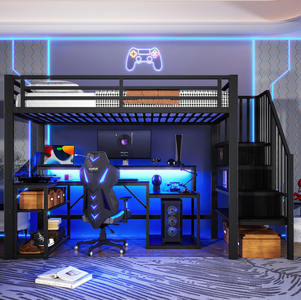HOCHBETT 90/200 cm aus Metall mit Schreibtisch und LED-Beleuchtung - Schwarz, Metall (90/200cm) - Flora Grace