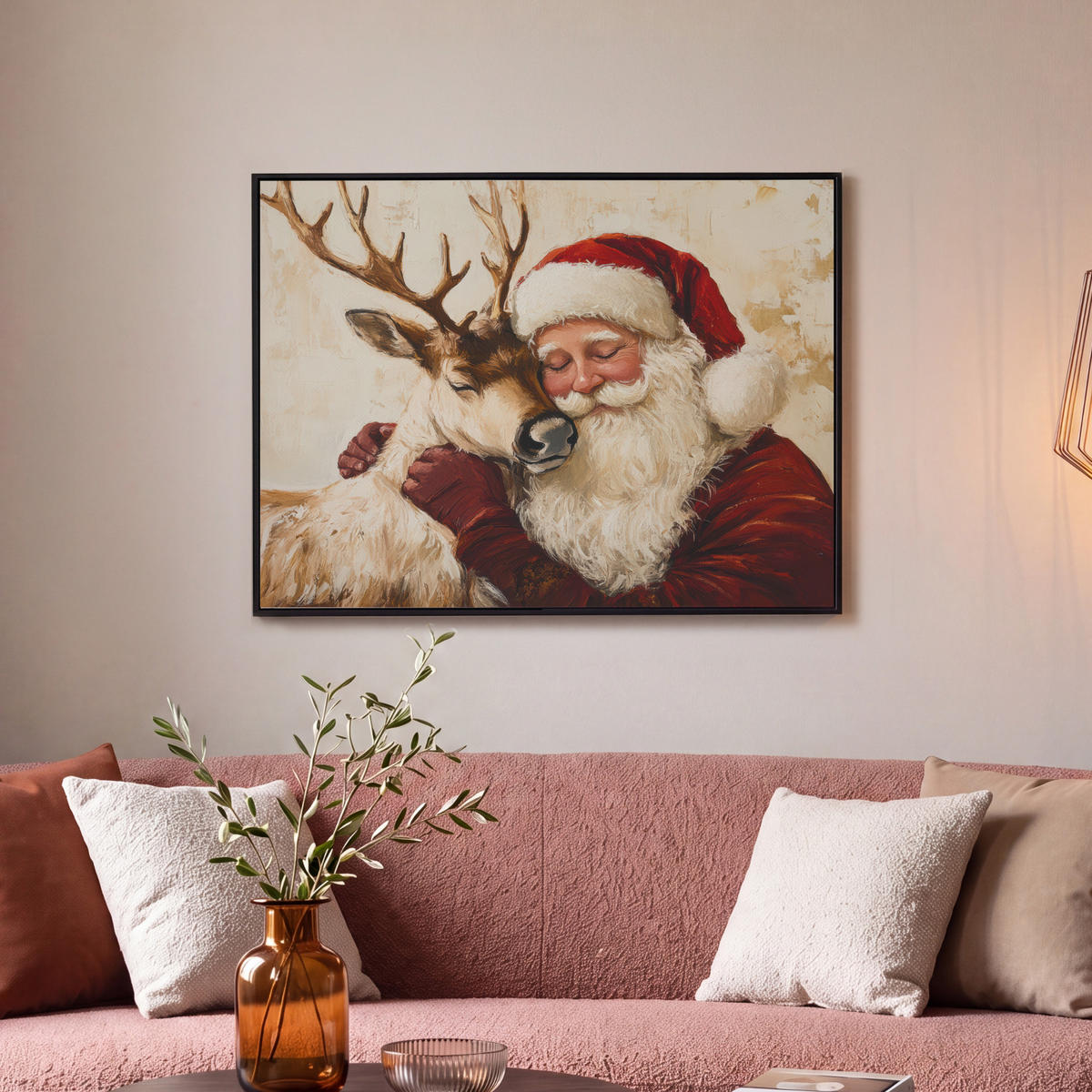 LEINWAND Bilder mit Rahmen - Weihnachtsmann - Rentier - Weihnachten - 80x60 - Rotbraun, Textil (80/60cm) - MuchoWow