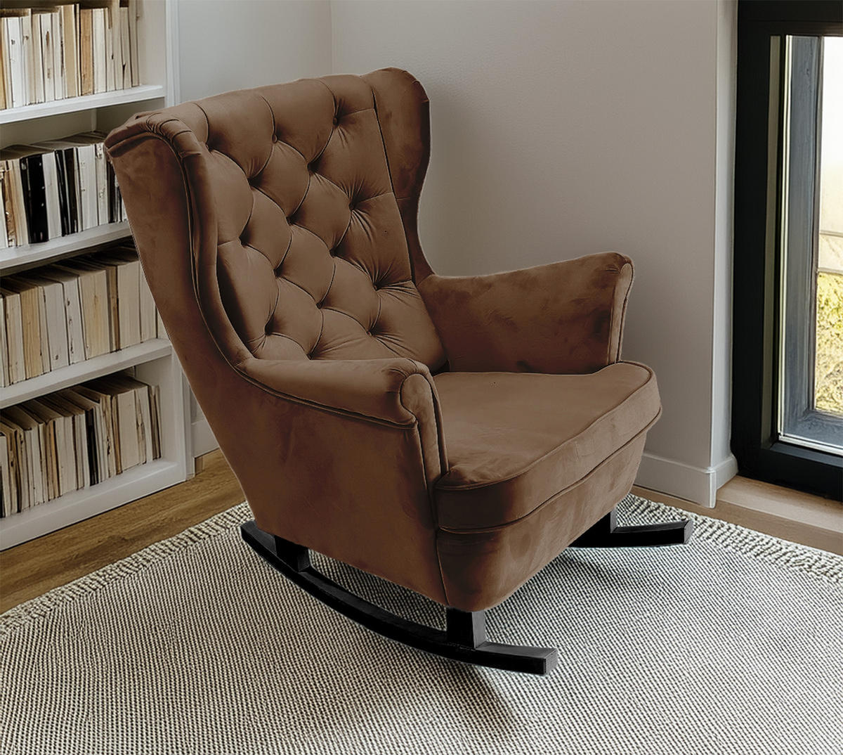 SCHAUKELSESSEL mit gepolstertem Sitz und Armlehnen, 102x81x95 cm, Dunkelbraun_29826 - Schwarz/Bronzefarben, Holz/Textil (81/102/95cm) - DomoHome
