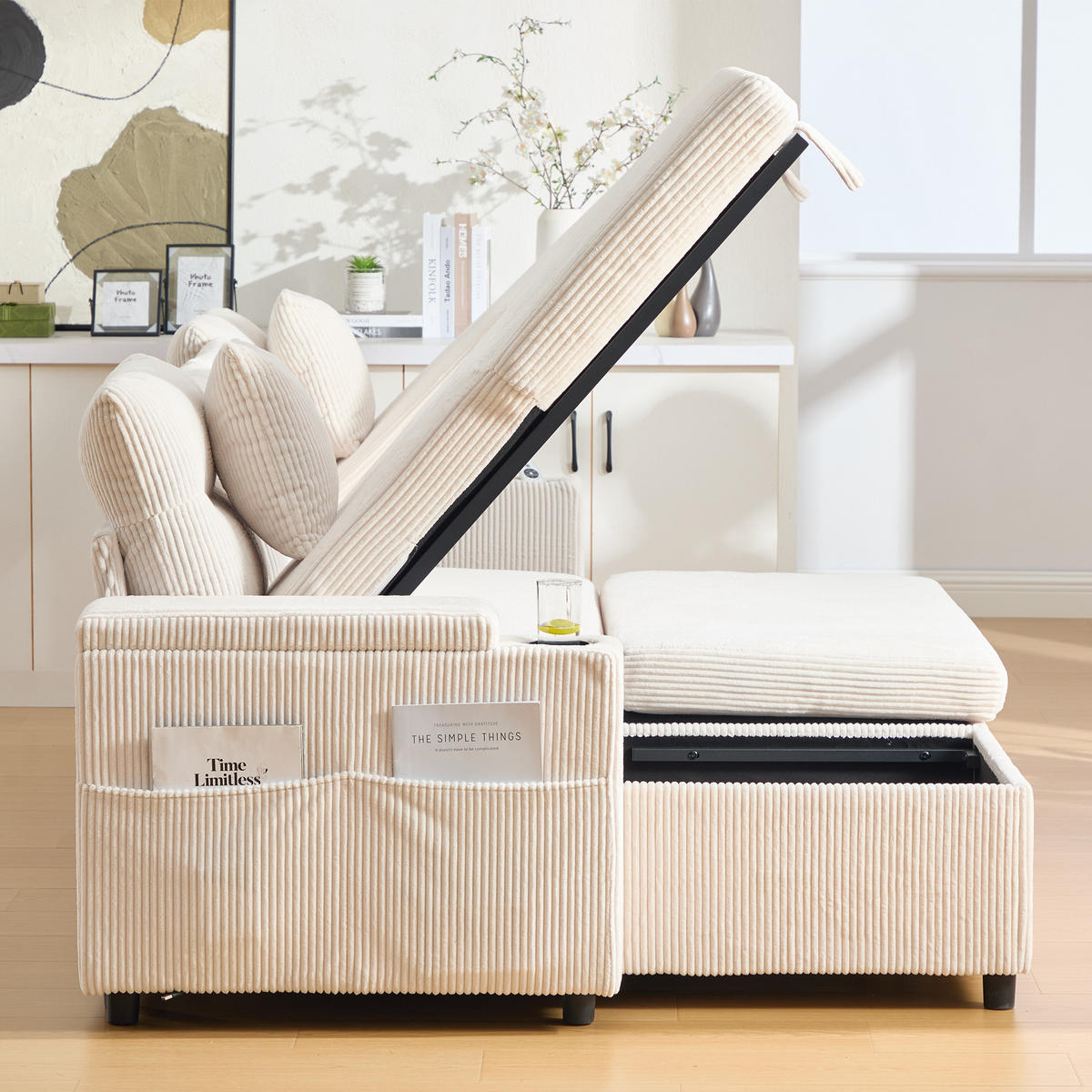 4-SITZER SOFA Cord Beige mit Stauraum, USB-Type-C und Getränkehaltern - Beige, Holzwerkstoff/Textil (272/86/136cm) - WISHDOR
