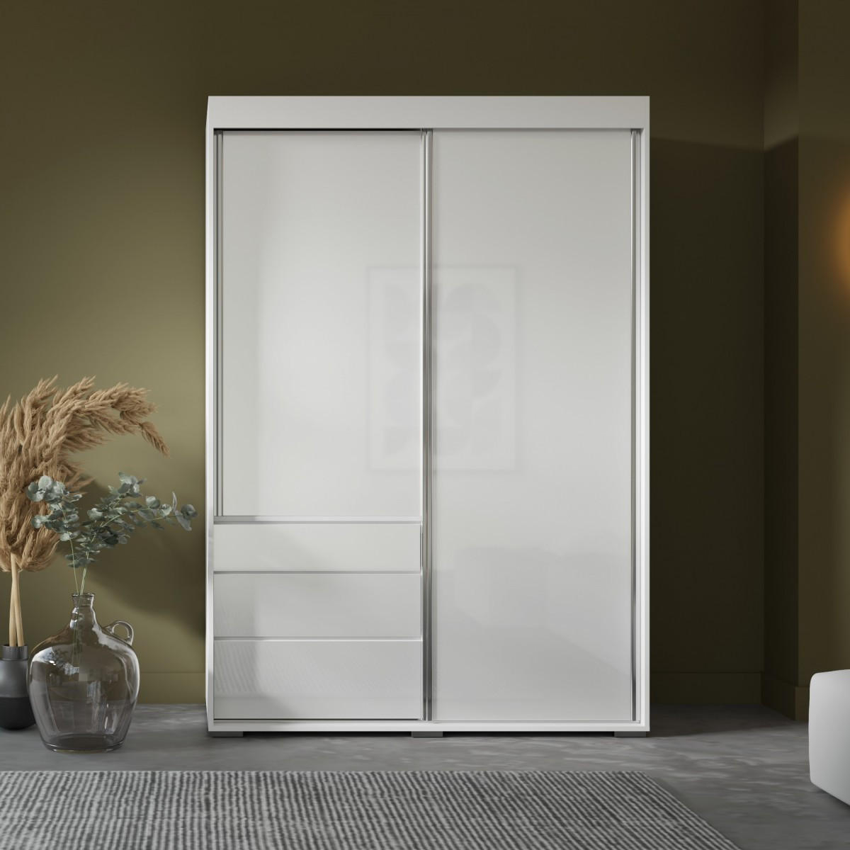 SCHIEBETÜRENSCHRANK mit Schubladen Torino 2D 140 Weiß (Lacobel) - Silberfarben/Weiß, Holzwerkstoff/Metall (140/204/65cm) - mzm24