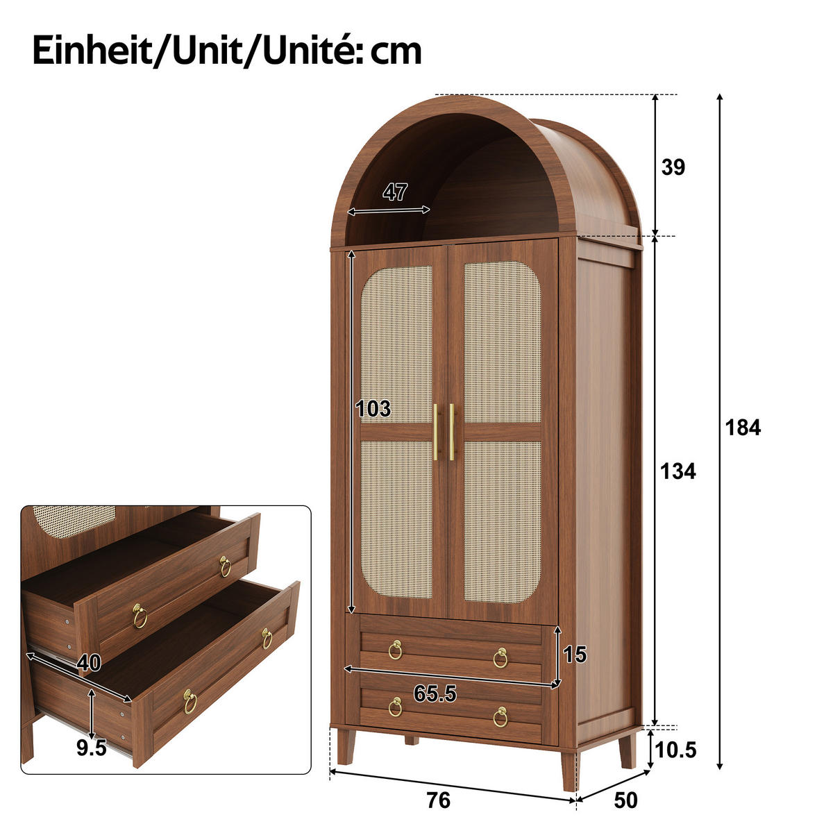 KLEIDERSCHRANK Nussbaum Bogenförmig mit Rattan, 2 Türen, LED & 2 Schubladen - Walnussfarben, Holzwerkstoff (76/184/50cm) - Urban Meuble