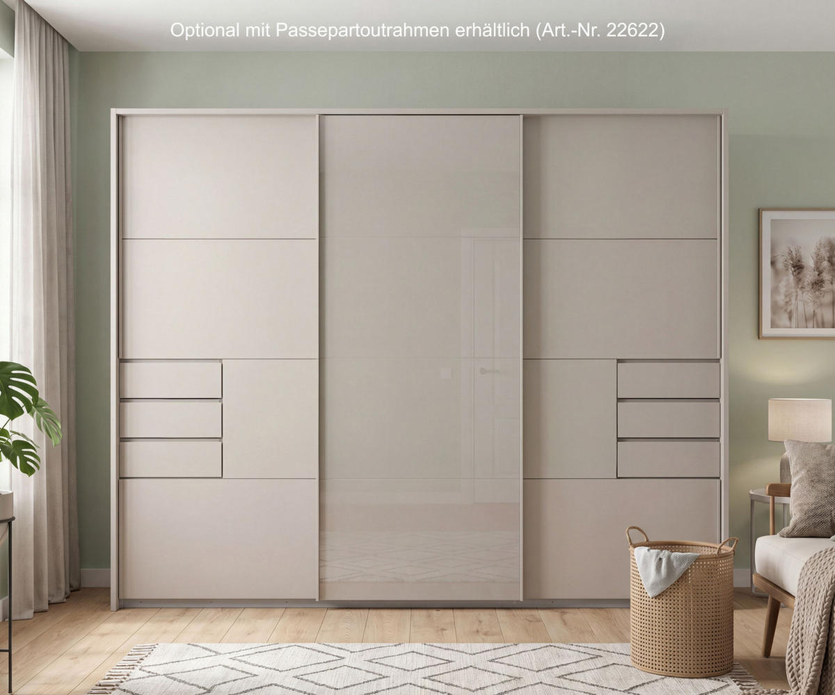 SKŘÍŇ S POSUVNÝMI DVEŘMI, 3dveřová, šířka 270 cm, výška 208 cm, hloubka 64 cm, béžovo-šedá, prostřední dveře skleněné, se zásuvkami / 22616 - béžová, kov/kompozitní dřevo (270/208/64cm) - luma-home
