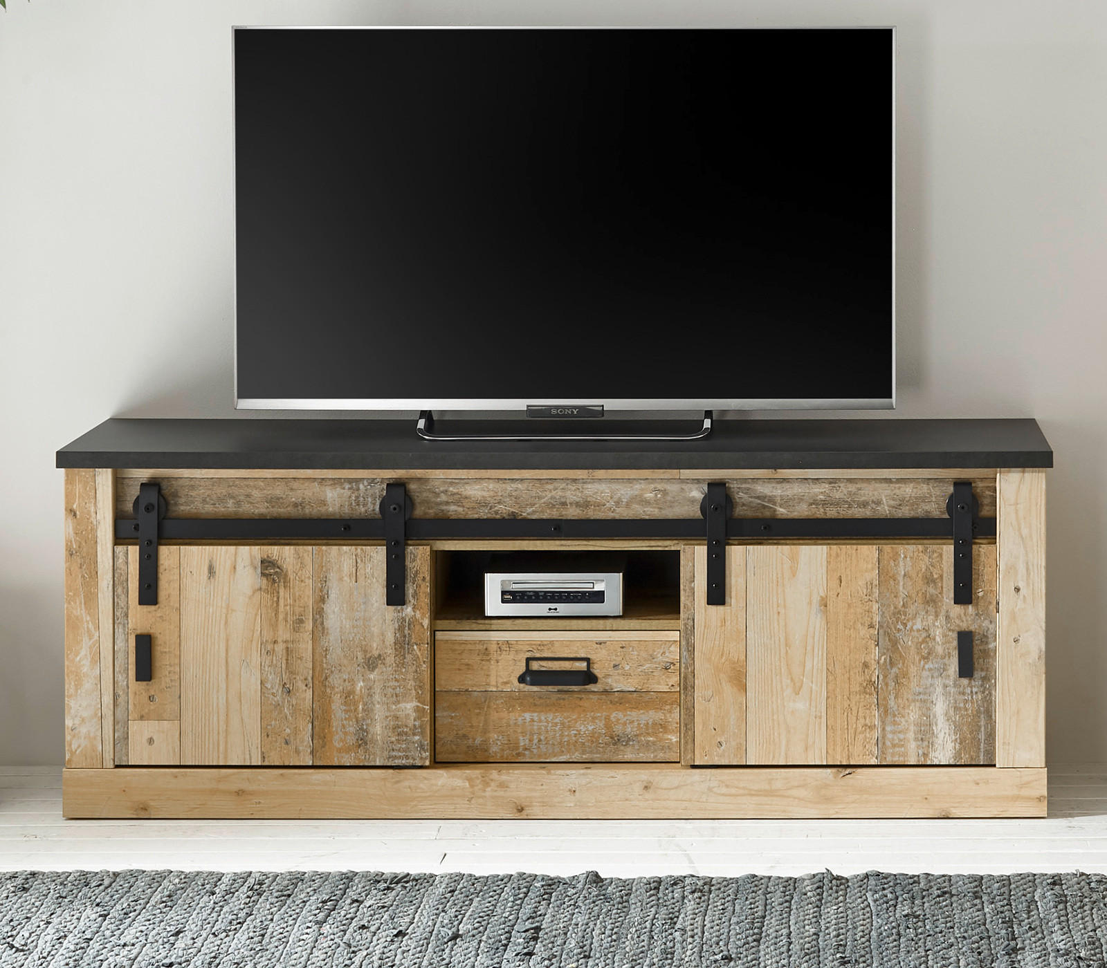 TV-LOWBOARD Used Wood hell, anthrazit 162 x 61 cm, TV Unterteil in Komforthöhe - Anthrazit/Schwarz, Holzwerkstoff/Metall (162/61/43cm) - Furn.Design