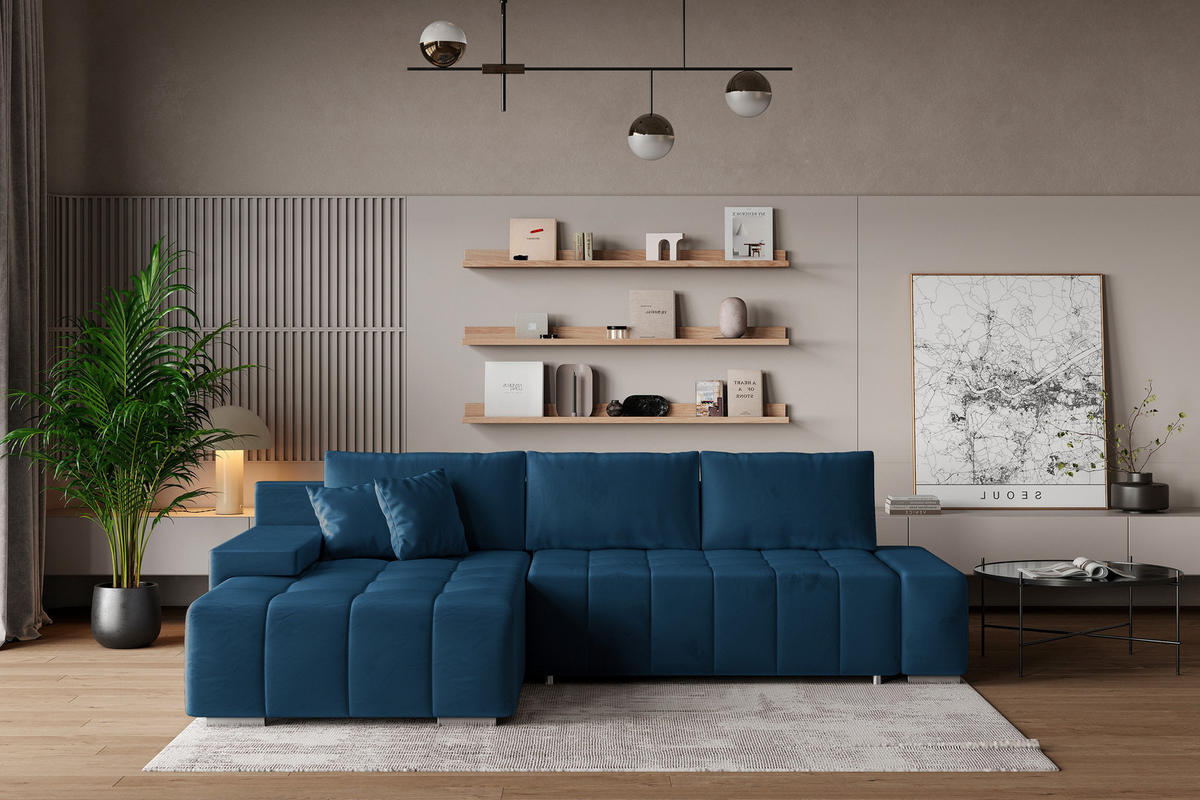 ECKSOFA ALESE L-S Blau Velours-Stoff mit Schlaffunktion - Blau, Holz (265/185cm) - MASSENO