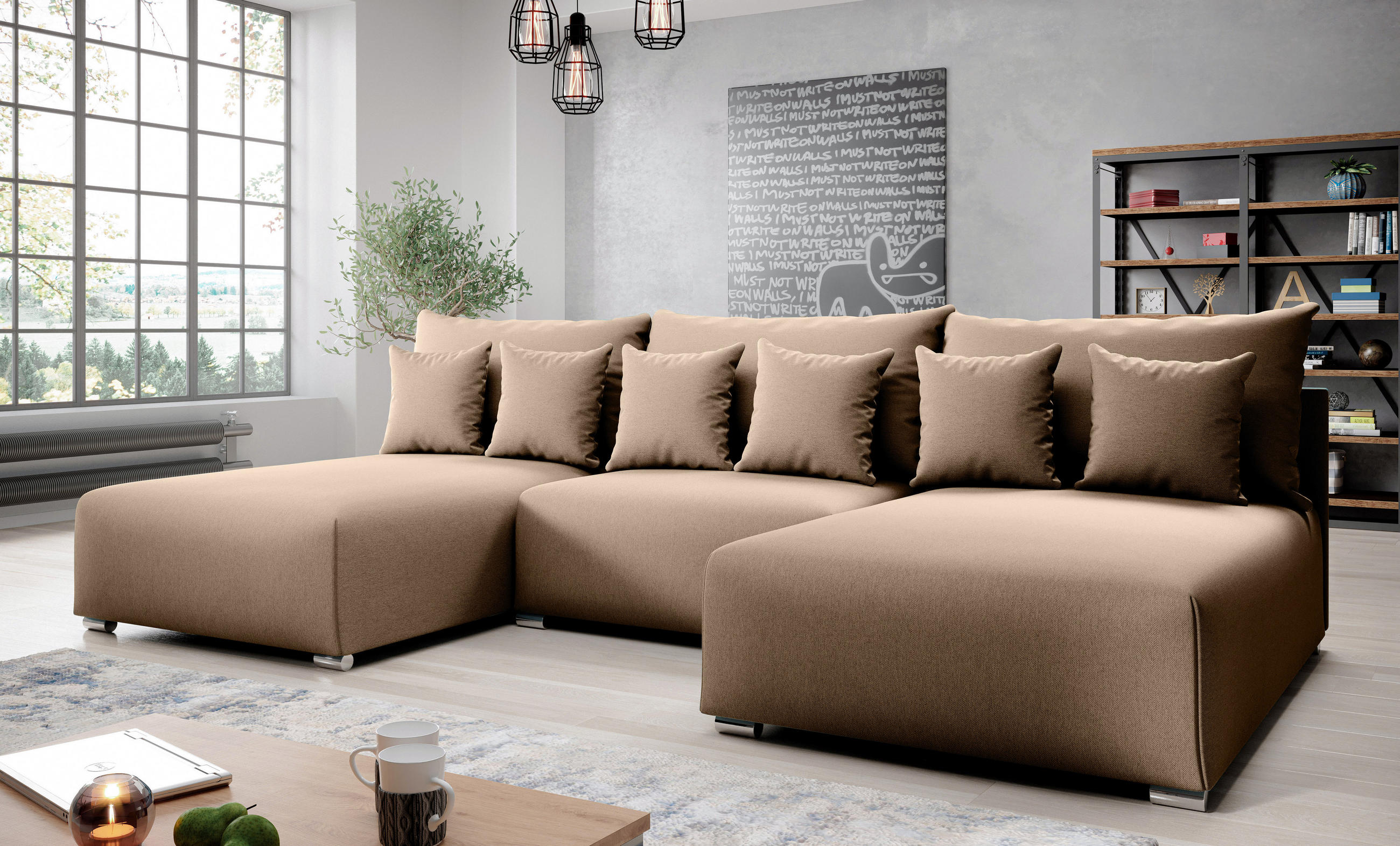 WOHNLANDSCHAFT Ederra U Beige Stoff 300/190/91 cm – großes Sofa mit Schlaffunktion - Beige/Silberfarben, Textil/Metall (300/91/190cm) - AX Living