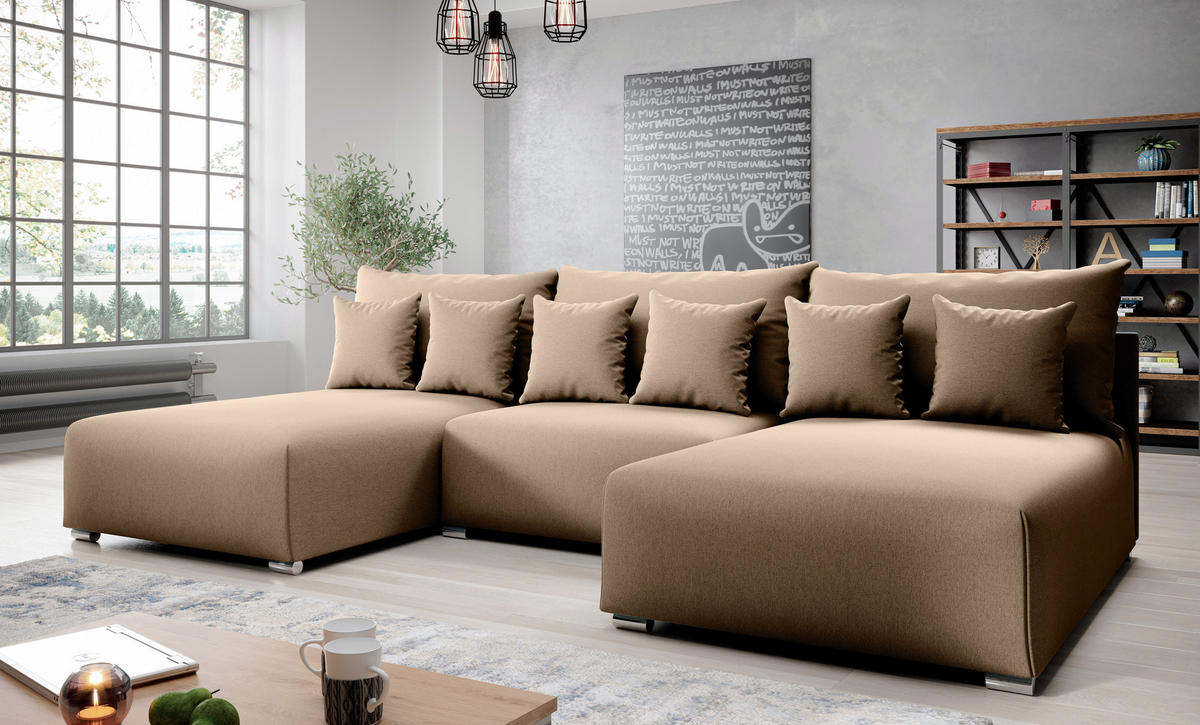 WOHNLANDSCHAFT Ederra U Beige Stoff 300/190/91 cm – großes Sofa mit Schlaffunktion - Beige/Silberfarben, Textil/Metall (300/91/190cm) - AX Living